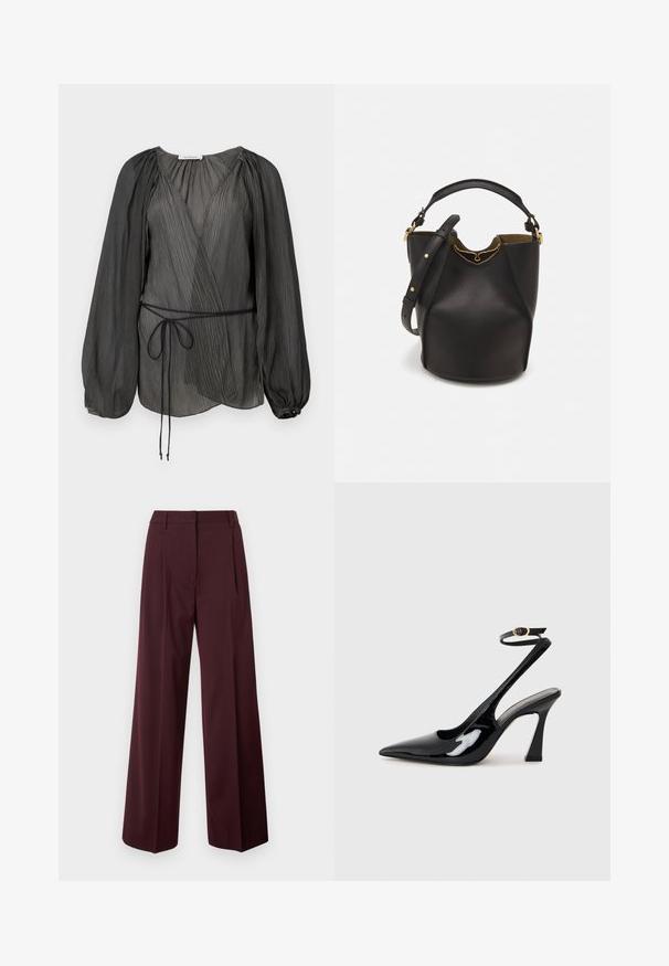 Blusa avvolgente nera plissettata con maniche lunghe a sbuffo, cintura a fiocco e un tessuto leggero e testurizzato. Dettaglio con bottone circolare al polsino.; Pantaloni a gamba larga in bordeaux scuro con una texture del tessuto liscia. Presentano una vita aderente, pieghe frontali e nessuna ferramenta visibile.; Slingback eleganti in pelle verniciata nera con punta appuntita, cinturino alla caviglia regolabile e tacco quadrato moderato. Texture liscia con finitura lucida.; Borsa a secchiello in pelle nera con finitura testurizzata, dettagli in metallo dorato e apertura superiore. Presenta una maniglia corta e una tracolla regolabile.