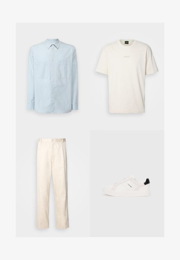 Világoskék, gombos ing, 100% pamutból készült, klasszikus gallérral, hosszú ujjakkal, két mellzsebével és enyhén laza fazonban.; BOSS TEE - Basic póló - open white; Beige pamut nadrág egyenes szárú kivágással, gombos záródással és elülső redőkkel a részletek fokozása érdekében.; Fehér sportcipők világos rózsaszín és fekete részletekkel, sima bőrből és velúrból készült panelek, kerek orr és lapos gumitalp.