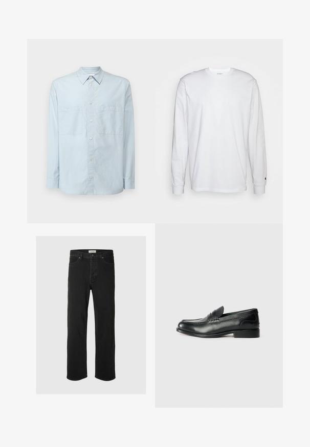 Camicia button-up azzurro chiaro in cotone, con colletto classico, maniche lunghe, due tasche sul petto e una vestibilità leggermente rilassata.; T-shirt bianca a maniche lunghe realizzata in cotone. Design con collo rotondo, polsini a costine e un piccolo logo sulla manica sinistra. Texture liscia.; I jeans in denim nero a gamba dritta presentano un classico design a cinque tasche con chiusura a bottone, cuciture minime e una texture morbida.; Mocassini in pelle nera con finitura liscia, dettagli cuciti sulla parte superiore e tacco leggermente rialzato.