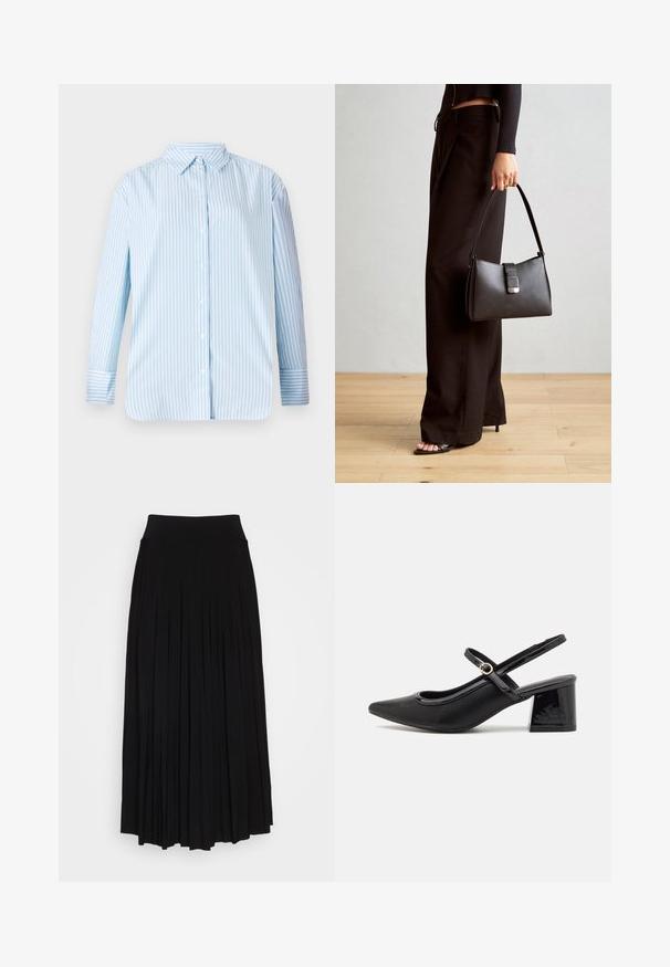 Modrá a biela pruhovaná košeľa s dlhým rukávom, so zaviazaným golierom a rovného strihu. Mäkká tkanina s viditeľnými gombíkmi a detailmi na manžetách.; Čierna plisovaná sukňa s vysokým, elastickým pásom. Vyrobená z mäkkej látky, pričom má vertikálne plisovanie pre plynulý siluetu.; Čierne lakované kožené lodičky so slingback dizajnom, špicatou špičkou, zaobleným výrezom a blokovým podpätkom. Obsahuje akcent zlatého tónu s prackou.; Čierna kabelka so štruktúrovaným tvarom, hladkou textúrou a kovovou sponou. V kombinácii so širokými čiernymi nohavicami a sandálmi s otvorenou špičkou na drevenej podlahe.