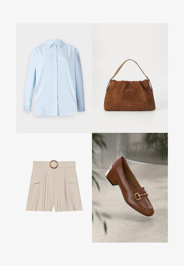 Modra in bela črtasta dolgorasna majica s kragnico na gumb in ravnim krojem. Mehka tkanina z vidnimi gumbi in podrobnostmi na manšetah.; Beige kratke hlače z visokim pasom, širokim ravnim pasom, lesenim krožnim zaponko, gubanim sprednjim delom in dvema stranskima žepoma. Gladka tekstura tkanine.; Rjavi lakirani loafer z kvadratnim nosom, kovinsko verigo kot okrasom in nizko blok podplatom; gladka tekstura, minimalističen dizajn.; Rjava nubukova torbica z nabranim dizajnom, ki ima en sam tanek usnjen ročaj in subtilno zlate podrobnosti s logotipom na sprednji strani.
