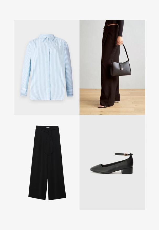 Modro-bílé pruhované košile s dlouhým rukávem, zapínáním na knoflíky a rovný střih. Měkká tkanina s viditelnými knoflíky a detaily na manžetách.; Černé kalhoty s širokými nohavicemi, vyrobené z texturované tkaniny, s elastickým pasem a odnímatelným páskem na úpravu velikosti.; Černé kožené lodičky s špičatou špičkou a nízkým blokovým podpatkem. Obsahují pásek kolem kotníku se zlatou sponou. Hladký povrch.; Černá kabelka se strukturovaným tvarem, hladkým povrchem a kovovým uzávěrem. Kombinována s širokými černými kalhotami a sandály s otevřenou špičkou na dřevěné podlaze.