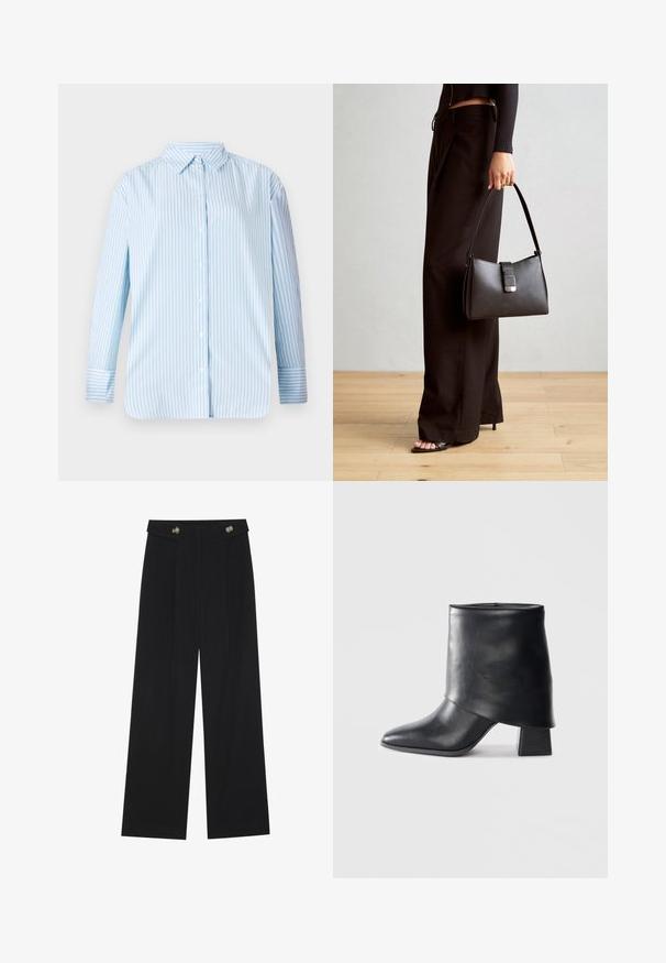 Blå og hvitstripete langermet skjorte med krage som kan kneppes og rett skjæring. Myk stoff med synlige knapper og mansjett detaljer.; Svart vide bukser med høy midje, knappdetaljer på midjebåndet og frontplisser.; Sorte lær ankle boot med spiss tå, glatt tekstur og en strukturert blokkhæl. Har et høyt, brettet mansjett-design.; Svart håndveske med strukturert form, jevn tekstur og metallisk lås. Kombinert med brede svarte bukser og sandaler med åpen tå på tregulv.