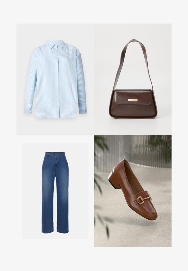 Kék és fehér csíkos, hosszú ujjú ing, gombos gallérral és egyenes fazonnal. Puha anyag, látható gombokkal és mandzsetta részletekkel.; Közepesen kék, magas derekú farmernadrág. Elöl gombos részletek és széles szárú kialakítás jellemzi. Az anyaga sima tapintású, enyhén megfakult.; Barna lakkbőr loaferek négyzet alakú orral, fém lánc díszítéssel és alacsony blokk sarkú kialakítással; sima textúra, minimalista design.; Barna bőr válltáska, struktúrált formával, mágneses fedélzárral és fémből készült logóval az elején.