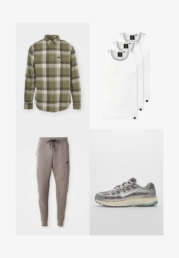 Zielona koszula flanelowa w kratę z białymi i czarnymi paskami, zapięcie na guziki, długie rękawy, jedna kieszeń piersiowa oraz guziki w kolorze złotym.; Trzy białe prążkowane koszulki na ramiączkach wykonane z bawełny. Posiadają okrągły dekolt i małe czarne metki blisko dolnego brzegu. Dostępne w różnych rozmiarach.; Szare dresy Nike z elastycznym pasem ze sznurkowym zapięciem, zwężanymi nogawkami, bocznymi kieszeniami i wyraźnymi detalami szwów. Miękka, teksturowana tkanina.; Szare buty sportowe z siateczkowym i zamszowym wierzchem, białymi akcentami, amortyzowaną podeszwą oraz charakterystycznym designem z elementami odblaskowymi.