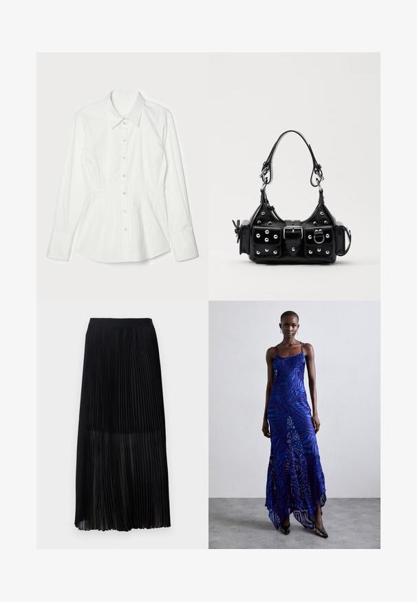 Weißes Hemd mit strukturierter Gestaltung, langen Ärmeln, Kragen und vorderem Knopfverschluss. Glattes Baumwollgewebe, taillierte Passform.; Schwarzer, plissierter Midirock mit einem glatten, elastischen Bund und einer durchsichtigen Überlagerung, die feine vertikale Falten im gesamten Stoff aufweist.; Maxikleid im blauen und lila Tiermuster mit dünnen Trägern, einem taillierten Oberteil, ausgestelltem Saum und transparenten Überlagerungen.; Schwarze Lederhandtasche mit einem geschwungenen Design, verziert mit silbernen Nieten, einer Schnalle und zwei seitlichen Taschen. Verstellbarer Träger für verschiedene Tragemöglichkeiten.