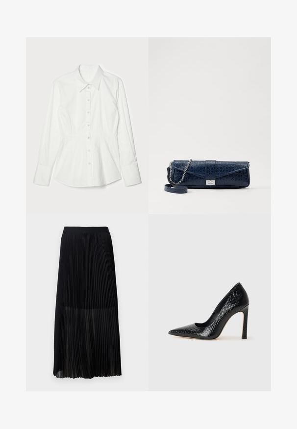 Camicia bianca con design strutturato, maniche lunghe, colletto e chiusura frontale con bottoni. Tessuto di cotone morbido, vestibilità su misura.; Gonna midi plissettata nera con una cintura elastica liscia e sovrapposizione trasparente, caratterizzata da fini pieghe verticali su tutto il tessuto.; Scarpa nera con punta a punta alta in pelle di coccodrillo, caratterizzata da un design elegante, alto tacco a spillo e interno nero liscio.; Clutch in pelle blu navy con texture a coccodrillo, tracolla in catena argentata e chiusura metallica. Forma rettangolare con design pieghevole.