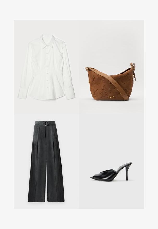 Camicia bianca con design strutturato, maniche lunghe, colletto e chiusura frontale con bottoni. Tessuto di cotone morbido, vestibilità su misura.; Pantaloni a gamba larga di un grigio scuro, con una texture liscia, pince e una cintura con una fibbia argentata in vita alta.; Mule nere in pelle con tacco alto, punta aperta, design affusolato, texture liscia e tacco stiletto sottile.; Borsa a spalla in suede marrone con design floreale impresso, completata da una morbida tracolla in pelle marrone e dettagli in metallo dorato.