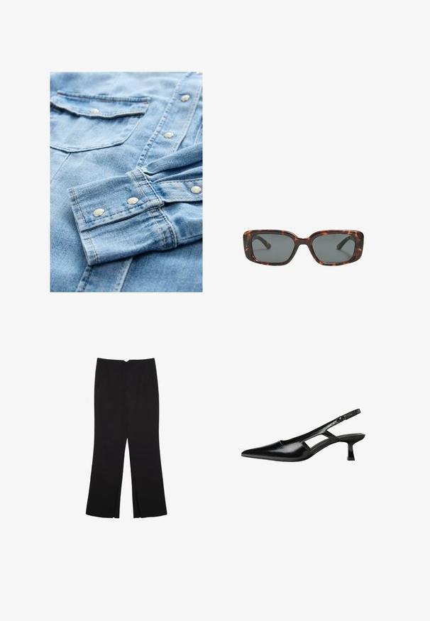 Camicia in denim azzurro chiaro con bottoni a pressione argento, tasche sul petto doppie e cuciture a contrasto. Il tessuto presenta una superficie morbida e strutturata.; Pantaloni neri a gamba dritta, con tasche frontali e spacchi laterali all'orlo. Realizzati in tessuto morbido e liscio. Adatti a diverse occasioni.; Tacchi slingback in pelle verniciata nera con punta affusolata, design con tagli laterali e tacco quadrato piccolo. Texture liscia con dettagli minimi.; Occhiali da sole tartaruga con lenti rettangolari, montatura spessa e lenti scure. Texture liscia e design minimalista.; Borsa a tracolla in pelle marrone con forma curvata, hardware dorato e un dettaglio con fibbia. Presenta una tracolla rimovibile.