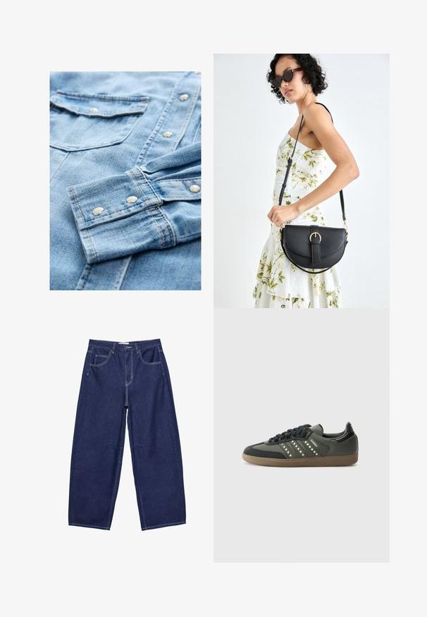 Svetslo modra denim srajca z dolgimi rokavi, ki ima srebrne gumbke na zapenjanje, dvojna žepa na prsih in kontrastno šivanje. Tkanina ima mehak, teksturiran videz.; Temno modri široki hlače iz kavčuka z visokim pasom, petimi žepi in kontrastnim belim šivom. Gladka tekstura, klasičen dizajn.; adidas Originals SAMBA OG - Športni copati - core black/legend earth/gum; Črna usnjena torbica s ukrivljeno obliko, z odstranljivo naramnico in zlatimi dodatki. Torbica ima pokrov s podrobnostmi v obliki zaponke.