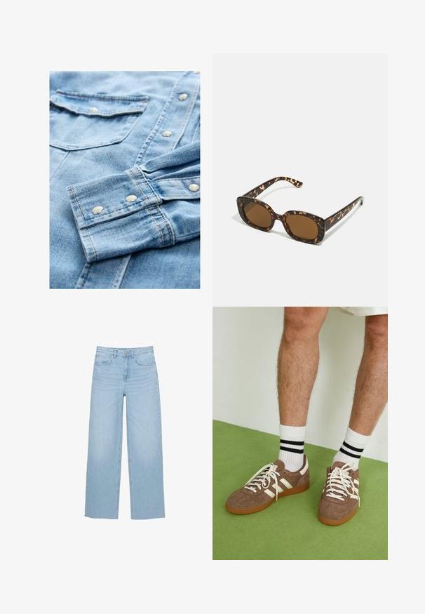 Lyseblå denimskjorte med sølvfarvede trykknapper, dobbelt brystlomme og kontrasterende syninger. Stof med en blød, struktureret overflade.; Lysblå brede jeans lavet af denim, med høj talje, lige snit og fem-lomme design med en ren kant.; Brune ruskind sneakers med hvide detaljer og snørebånd. Gummisål i naturgummi. Båret med hvide sokker med sorte striber. Grøn struktureret gulv.; Skildpadde-solbriller med en rund, kraftig ramme og brune linser. Har subtile mønstre og lige, afsmalnende stænger.; Zign LEATHER - Shopping bags - light brown