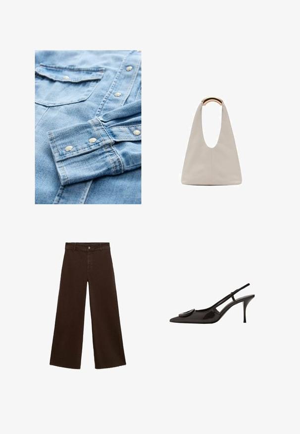 Lichtblauwe denimshirts met zilveren drukknoopjes, dubbele borstzakken en contrasterende stiksels. De stof heeft een zachte, gestructureerde oppervlakte.; Bruine wijde broek in katoenmix, met een rafelige zoom, sluiting met een knoop aan de voorkant en een klassieke vijf-pocketstijl. Minimalistisch en veelzijdig.; Zwarte gepatineerde leren slingback schoen met puntige neus, minimalistisch ontwerp, kleine ronde accent op de voorkant, en slanke hak.; Lichtgrijze leren tas met een U-vormig ontwerp en een gebogen metalen handvat. Glad oppervlak met minimale stiksels en geen zichtbare patronen.