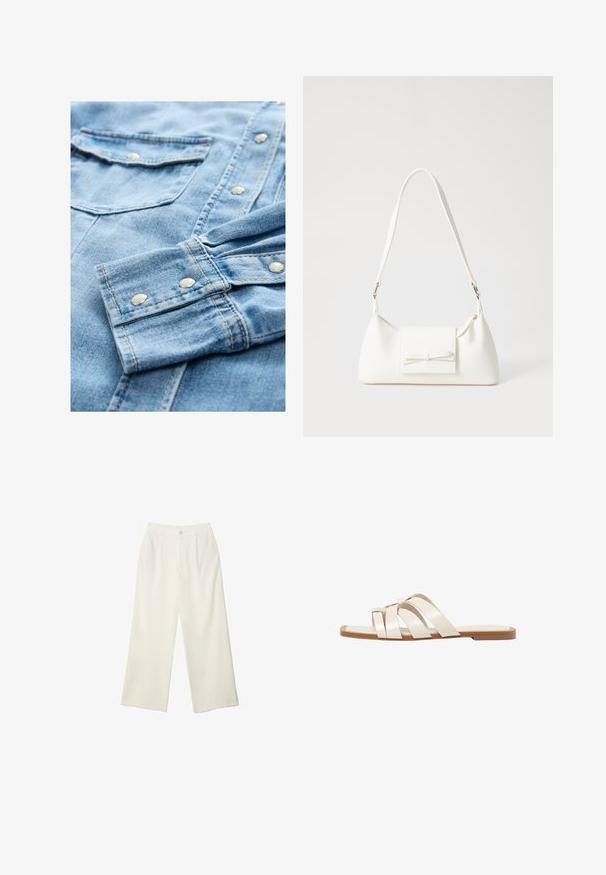 Helles blaues Jeanshemd mit silbernen Druckknöpfen, doppelten Brusttaschen und kontrastierenden Nähten. Der Stoff zeigt eine weiche, strukturierte Oberfläche.; Helle Stoffhose mit weitem Bein und glatter Textur, ausgestattet mit einem einzelnen Knopf vorne, dezenten Falten und einem Hochbund-Design.; Flache Sandalen mit einer honigfarbenen Gummisohle, gestaltet mit drei überlappenden weißen Lederriemen und einem kleinen Schleifendetail in der Mitte.; Weiße synthetische Handtasche in dreieckiger Form, flache Vorderklappe und Schleifendetail, verstellbarer Trageriemen, glatte Textur und minimalistisches Design.