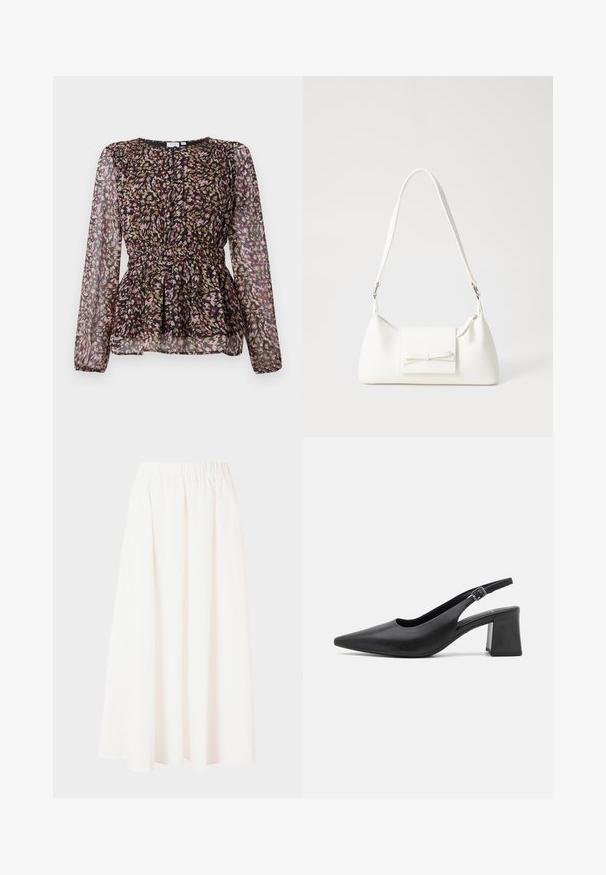 Sort bluse med lange gennemsigtige ærmer, der har et farverigt abstrakt print i pink, guld og brun. Samlet talje og plisseret designdetalje.; Lang nederdel med elastisk talje i lys creme, flydende stof, A-line silhuet, uden mønstre eller udsmykninger, længde til midt på læggen.; Sorte læder slingback hælesko med spids tå og chunky blokhæle. Har en justerbar rem med en metalspænde.; Hvid syntetisk håndtaske med en trekantet form, flad forsideklap og sløjfedetalje, justerbar strop, glat tekstur og minimalistisk design.