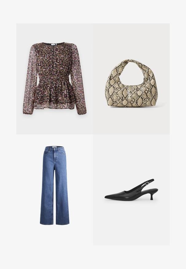 Sort bluse med lange gennemsigtige ærmer, der har et farverigt abstrakt print i pink, guld og brun. Samlet talje og plisseret designdetalje.; Lyseblå denim brede bukser med høj talje, to frontlommer og synlige stikninger. Har en knap- og lynlåslukning.; Sort læder slingback-sko med spids tå og en slank, buet hæl. Har en diskret justerbar rem med en metalspænde.; Slangeprint håndtaske med et buet håndtag. Lavet af strukturerede, beige og brune materialer, med et karakteristisk diamantmønster.