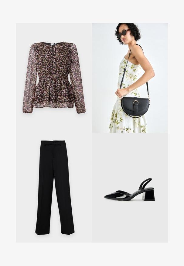 Blouse noire à manches longues en dentelle, ornée d'un imprimé abstrait coloré en rose, or et marron. Taille froncée et détail de design plissé.; Pantalons larges noirs en tissu lisse, avec une taille classique à fermeture à bouton et des plis sur le devant.; Escarpins en cuir verni noir avec bout pointu et talon bloc géométrique. Présente un design élégant et minimaliste ainsi qu'une texture lisse.; Sac à main en cuir noir avec une forme courbée, bandoulière amovible et des accessoires en or. Le sac est doté d'un rabat avec un détail de boucle.