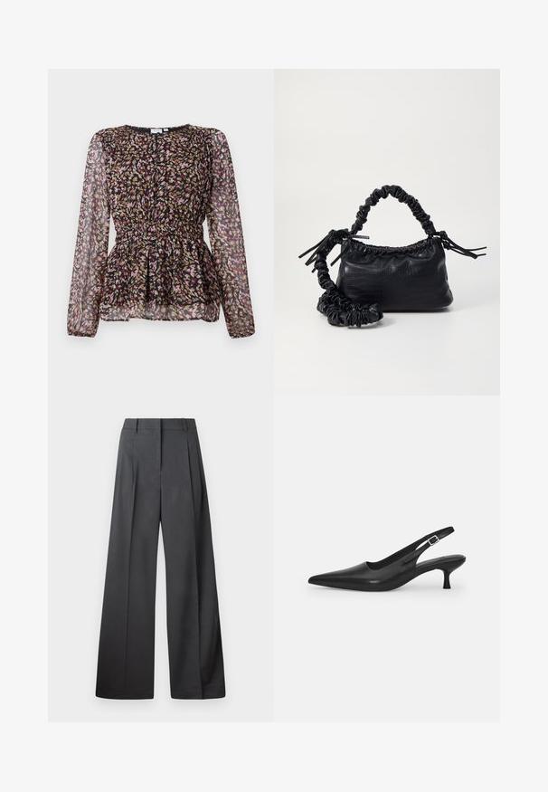 Blusa nera con maniche lunghe in tessuto trasparente, caratterizzata da una stampa astratta colorata in rosa, oro e marrone. Vita arricciata e dettagli di design plissettati.; Pantaloni a gamba larga in tessuto grigio scuro, con vita alta, pieghe singole e una texture liscia con una finitura pulita sui orli.; Scarpa slingback nera in pelle con punta affusolata e tacco sottile e curvato. Presenta una discreta fascia regolabile con una fibbia in metallo.; Borsa a tracolla in ecopelle nera con texture a coccodrillo, apertura cinchata e tracolla arricciata. Si presenta con un design morbido e compatto.