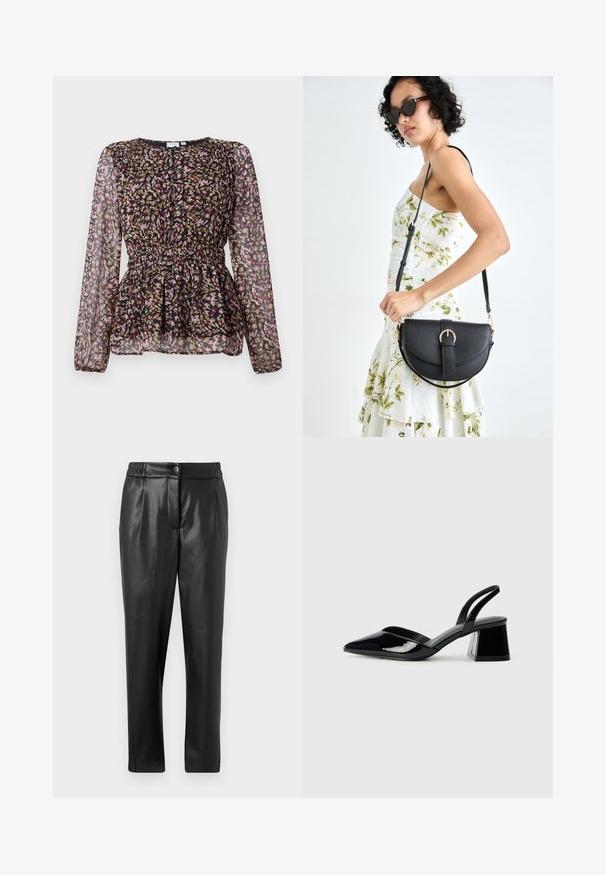 Zwarte blouse met lange doorschijnende mouwen, voorzien van een kleurrijke abstracte print in roze, goud en bruin. Verzamelde taille en geplooide ontwerpdetaillering.; Zwarte leren broek met een gladde textuur, rechte pasvorm, elastische tailleband en een knoopsluiting aan de voorkant; geplooide details en taps toelopende pijpen.; Zwarte gepatineerde leren slingback hakken met een spitse neus en een geometrische blokhak. Kenmerkt zich door een slank, minimalistisch ontwerp en een gladde textuur.; Zwarte leren handtas met een gebogen vorm, afneembare schouderband en gouden hardware. De tas heeft een klep met een gespsluiting.