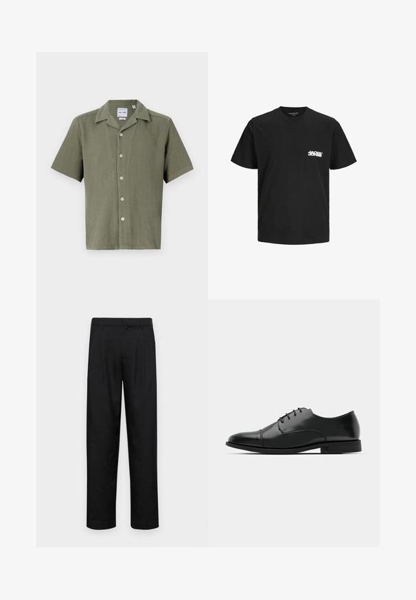 Camisa de manga corta en verde oliva, textura acanalada, con cuello y seis botones de color claro en la parte delantera.; Camiseta de algodón negra con mangas cortas, cuello redondo y un estampado de logo blanco en el lado izquierdo del pecho. Textura suave, ajuste clásico.; Pantalones negros de tela suave, con un diseño de pierna recta, dos pliegues frontales y una cintura estándar con trabillas para el cinturón.; Zapato de vestir de cuero negro con punta redondeada, diseño con cordones, detalles de costura sutiles y un tacón bajo. Textura suave con acabado pulido.