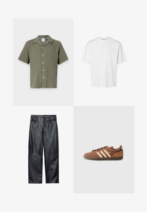 Short-sleeve shirt in olive green, ribbed texture, featuring a collar and six light-colored buttons down the front.; White cotton t-shirt with short sleeves, crew neckline, and a relaxed fit. Smooth texture with no visible patterns or accents.; Black faux leather wide-leg pants featuring a crocodile texture, traditional five-pocket design, and silver-tone button and rivet details.; adidas Originals SAMBA UNISEX - Trainers - preloved brown/sand strata/dark brown