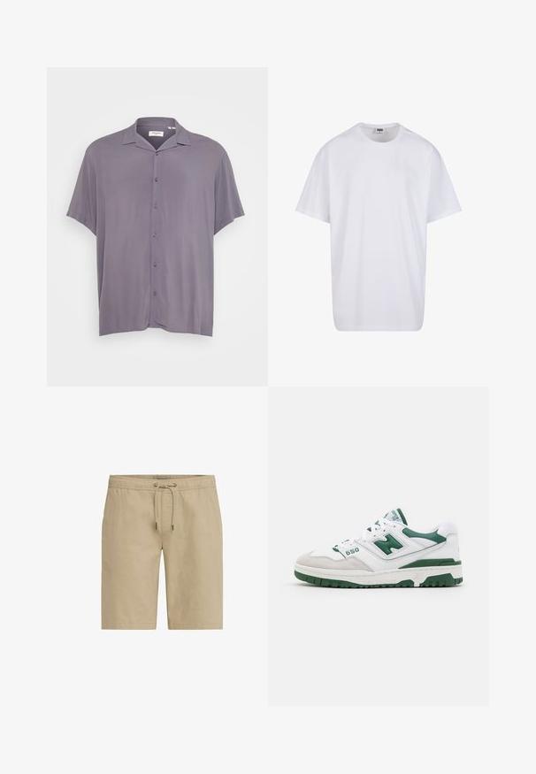 Kortærmet, knap-lukket skjorte i lysegrå stof. Har en klassisk krave, afslappet pasform og glat tekstur uden mønstre eller accenter.; Hvid bomulds t-shirt med korte ærmer, rund halsudskæring, afslappet pasform, og ingen synlige logoer eller mønstre. Glat tekstur og minimalistisk design.; Beige shorts lavet af blødt stof, med elastisk talje og snor samt sidelommer, designet med lige snit.; Hvid atletisk sko med grønne detaljer, tekstureret læder og ruskind, perforerede udsmykninger, polstret krave og gummisål. Modelnummer 550.