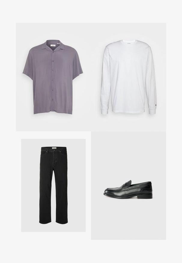Kortermet skjorte med knapper i lys grått stoff. Har klassisk krage, avslappet passform, og glatt tekstur uten mønstre eller detaljer.; Hvit langermet T-skjorte laget av bomull. Rund hals-design med ribbestrikkede mansjetter og en liten logo på venstre erme. Glatt tekstur.; Svarte denimjeans med rett ben har et klassisk fem-lommers design, knappestengning, minimal søm og en myk tekstur.; Sorte lærloafers med en glat overflade, syede detaljer over vamps og en let hævet hæl.