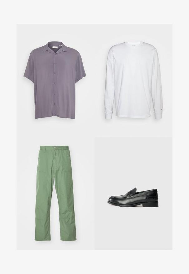 Korte mouwen, knoopsluiting overhemd van lichtgrijze stof. Bevat een klassieke kraag, een relaxte pasvorm en een gladde textuur zonder patronen of accenten.; Witte lange mouwen T-shirt van katoen. Ronde hals ontwerp met ribgebreide manchetten en een klein logo op de linkermouw. Gladde textuur.; Lichtgroene, comfortabele broek met een soepele textuur, voorzien van zijzakken en zichtbare stiksels. Volledige lengte met een rechte pasvorm.; Zwarte leren instappers met een gladde afwerking, gestikte details over de bovenkant en een licht verhoogde hak.