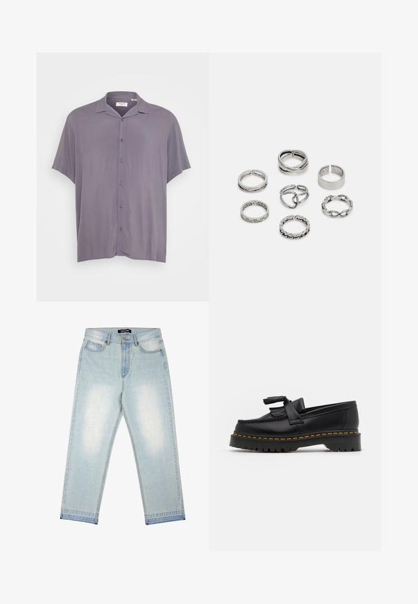 Kortärmad knapp-up skjorta i ljusgrått tyg. Har en klassisk krage, avslappnad passform och en jämn textur utan mönster eller accenter.; Pegador BARROW - Löst sittande jeans - sand washed blue; Svart läderloafer med en tofsdetalj, med en kraftig svart sula och gul söm längs kanten. Strukturerad yta.; Set med sju silverringar med olika mönster, inklusive vridna, länkade och graverade mönster. Olika former och bredder.