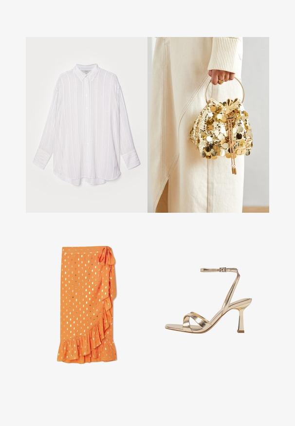 Bela srajca z dolgimi rokavi z vertikalnimi svetlo sivo-rjavimi črtami, s kravato za zapiranje in z zavihanimi manšetami. Mehka tkanina z nekoliko prenapihnjenim krojem.; Oranžna skoraj dolga krila z zlatimi pikami, z nabranim robom in stransko zavezo. Narejena je iz lahkega materiala, ki ima gladko teksturo.; Zlate kovinske sandale na visoki peti s križastim pasom, trak s sponko okoli gležnja in sijočim blok peto. Kvadratni konica.; Zlatna torba s cirkonima na povlačenje s kružnom drškom, koja sadrži sjajne okrugle cirkone i teksturiranu tkaninu. Dimenzije nisu navedene.