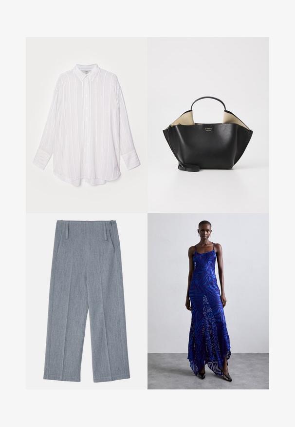 Bílé dlouhé rukávy s vertikálními světle šedými pruhy, límečkem na knoflíky a ohrnutými manžetami. Měkká tkanina s mírně oversized střihem.; Svetle šedé, široké kalhoty vyrobené z texturované tkaniny, s dvěma předními sklady a dvěma bočními kapsami. Čistý, upravený design.; Modré a fialové maxi šaty s potiskem zvířecí srsti, tenkými ramínky, přiléhavým živůtkem, rozšířeným spodním lemem a průhlednými detaily.; Ree Projects ANN TOTE MINI - Kabelka - black