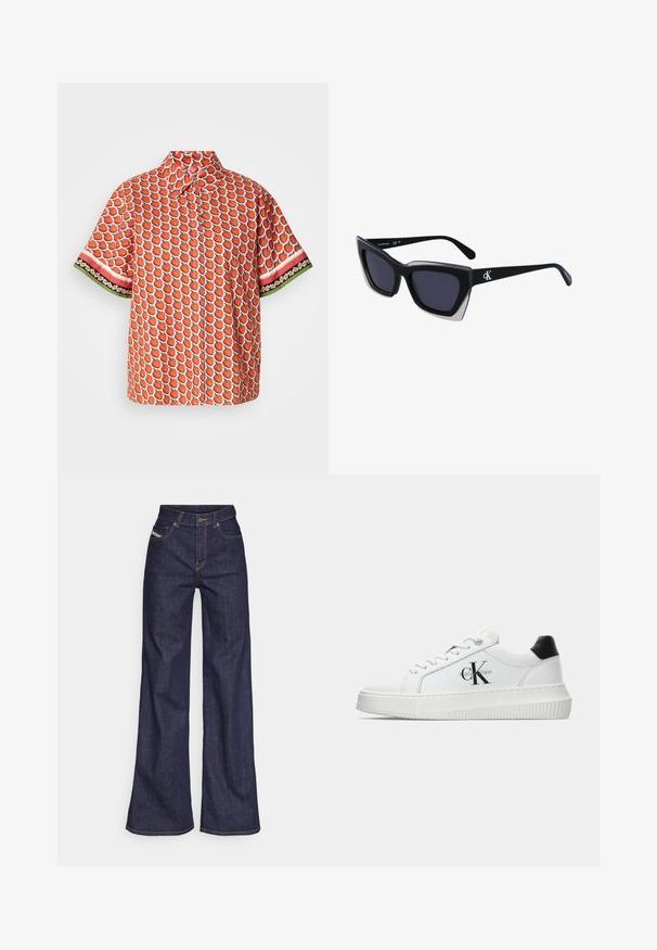 Kratka majica s kratkimi rokavi iz rdečega blaga, ki ima vzorec jagod, z kontrastnimi cvetličnimi in črtastimi poudarki na rokavih.; Temno modri široki kavbojke iz denima z visokim pasom, ki imajo oranžne šive, pet žepov in gumba za zapiranje.; Bele nizke superge z črnim hrbtnim delom, platformo, vezalkami in Calvin Klein "CK" logotipom na strani.; Črne prevelike sončne očala geometrijske oblike, z temnimi lečami in kontrastno sivo podrobnostjo na okvirju. Logo na ročaju.