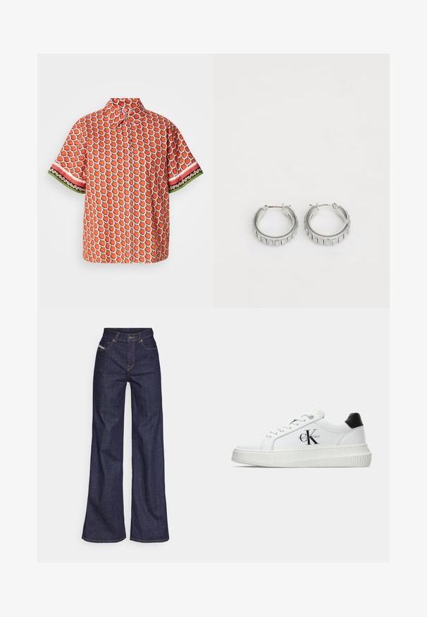 Short-sleeve shirt in red fabric featuring a strawberry pattern, with contrasting floral and striped accents on the sleeves.; Dark blue wide-leg jeans in denim fabric with a high waist, featuring orange stitching, five-pocket design, and a button closure.; White low-top sneaker with black heel tab, platform sole, laces, and Calvin Klein "CK" logo on the side.; Silver hoop earrings with a textured design featuring vertical ridges. Circular shape with a secure latch closure. Smooth finish.