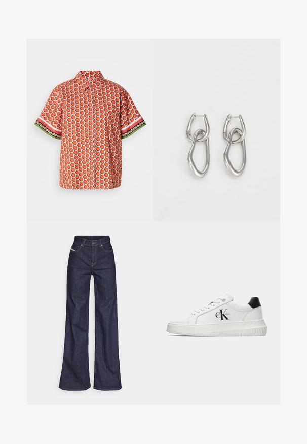 Short-sleeve shirt in red fabric featuring a strawberry pattern, with contrasting floral and striped accents on the sleeves.; Dark blue wide-leg jeans in denim fabric with a high waist, featuring orange stitching, five-pocket design, and a button closure.; White low-top sneaker with black heel tab, platform sole, laces, and Calvin Klein "CK" logo on the side.; Calvin Klein STATEMENT LINKS - Earrings - silver-coloured