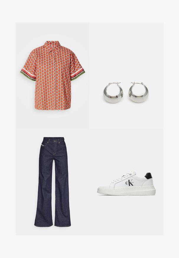Short-sleeve shirt in red fabric featuring a strawberry pattern, with contrasting floral and striped accents on the sleeves.; Dark blue wide-leg jeans in denim fabric with a high waist, featuring orange stitching, five-pocket design, and a button closure.; White low-top sneaker with black heel tab, platform sole, laces, and Calvin Klein "CK" logo on the side.; Silver metal hoop earrings with a smooth, shiny surface and a structured, rounded design. Features a hinged clasp for secure wear.