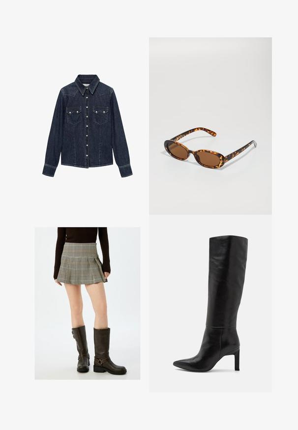 Mango Camicia - dark blue; Gonna mini a quadri beige e nera, con pieghe e vita aderente. Abbinata a stivali al ginocchio in pelle marrone con fibbie.; Stivali in pelle nera alti fino al ginocchio con punta affusolata e texture liscia. Il tacco è di tipo blocco, aggiungendo stabilità al design.; Occhiali da sole tartaruga con montatura ovale, lenti marroni e astine nere sottili con accenti di pattern discreti.; Borsa a spalla in finta pelle marrone con forma curvata, cuciture minime e un accento in metallo dorato. Presenta una chiusura con zip superiore e una tracolla regolabile.; Orologio in acciaio inox nero con cassa rotonda, marcatori e lancette dorate. Caratterizzato da un bracciale in metallo con finitura spazzolata.