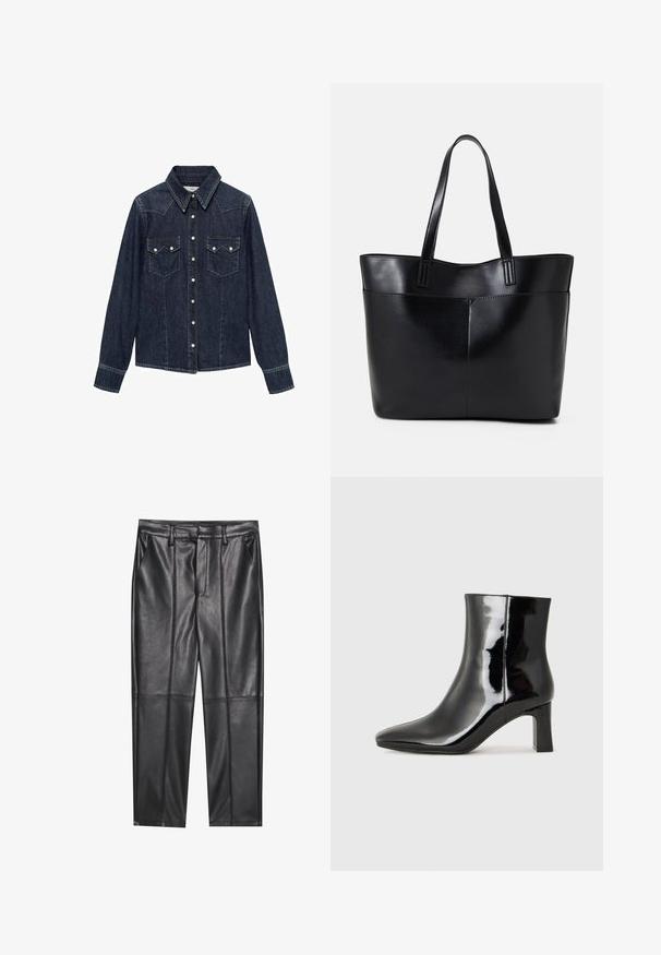 Mango Bluza z gumbi - dark blue; Črne usnjene hlače z gladko teksturo, z ravnim krojem, dvema sprednjima žeparjema in vidnimi šivi.; Črne lakirane gležnjarje z ošiljenim nosom in srednje visokim blokastim peto. Gladka tekstura in minimalističen dizajn.; Črna usnjena torba z dvema dolgima ročajema, gladko teksturo in strukturirano obliko. Ima sprednji žep za dodatno shranjevanje.