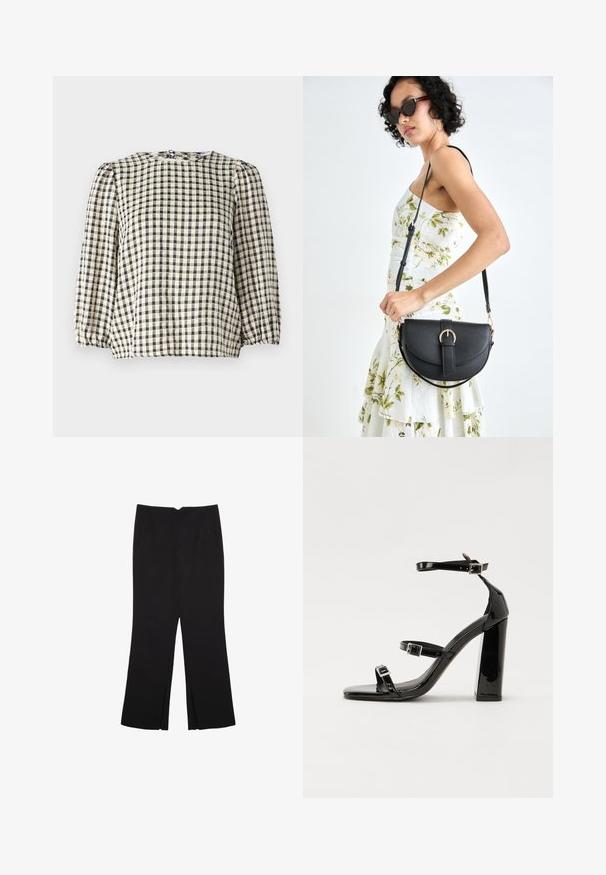 Svart och beige rutmönstrad blus med rund halsringning, puffade långa ärmar och rynkad nederkant. Tillverkad av ett lättviktigt tyg.; Svarta byxor med rak passform, utrustade med framfickor och sidoklyvningar vid fållen. Tillverkade av mjukt, slätt tyg. Lämpliga för olika tillfällen.; Svarta lackerade klacksandaler med fyrkantig tå, ankelremmar och silverfärgade spännen. Har en kraftig blockklack för stabilitet.; Svart läderhandväska med en böjd form, avtagbar rem och guldiga detaljer. Väskan har ett lock med en spänndetalj.