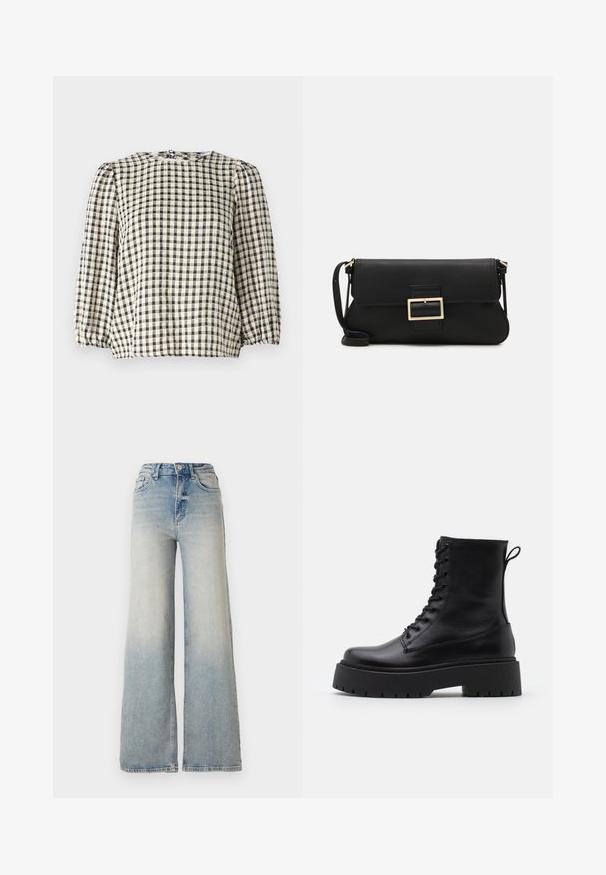 Juoda ir smėlinė languota bluzelė su apvaliomis iškirpėmis, pūstu ilgų rankovių ir susiraukšlėjusiais hemų detalėmis. Pagaminta iš lengvos medžiagos.; Šviesiai mėlynus plačius džinsus, pagamintus iš džinsinio audinio, su aukštu liemeniu, penkiomis kišenėmis ir matomais siūlėmis.; Juodos odinės aulinukės su apvalia nosimi, raišteliais priekyje ir storesniu guminio pado apačioje su tekstūruotu raštu. Priekyje yra kilputė.; Juodas odinis dėkliukas su atvarteliu ir auksinės metalinės sagties detalėmis. Įeina juodas diržas ir elegantiškas, minimalistinis dizainas.; Aukso spalvos žiedo auskarai, ploni ir apvalūs, su lygiu metaliniu paviršiumi be papuošimų ar raštų.