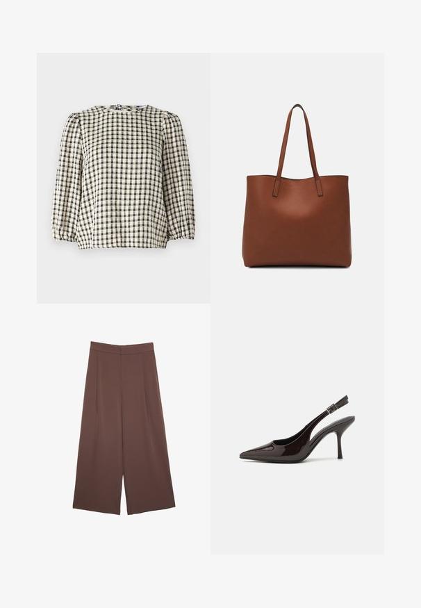 Blusa a scacchi nera e beige con scollatura rotonda, maniche lunghe a sbuffo e dettaglio di orlo arricciato. Realizzata in un tessuto leggero.; Pantaloni ampi marroni con una texture liscia, caratterizzati da una vita alta e pieghe frontali. Il tessuto è leggero e scorre liberamente.; Scarpa con tacco alto tipo slingback in pelle verniciata marrone scuro lucido, punta affusolata, lati aperti e cinturino alla caviglia regolabile.; Borsa tote in pelle marrone con texture liscia, design con apertura superiore e due spallacci. Presenta cuciture minime e nessun hardware visibile.