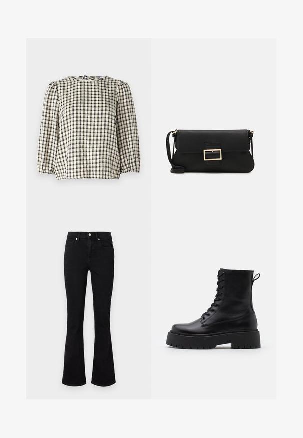 Mustard ja beež ruuduline pluus ümmarguse kaelusega, voolavad pikad varrukad ja volditud hemmi detail. Valmistatud kergest kangast.; Mustad flared teksasaapad, millel on keskmise tõusuga vöökoht, eesmine taskud ja nupplikuga kinnistus. Sile tekstuur minimaalse õmbluste detailidega.; Mustad mustad nahast pahkluu saapad ümarate varvastega, nööridega esiosas ja paksu kummist talla ning tekstuuritud mustriga. Tagumine tõmbeaas.; Must haben musta nahkklahviga kott, millel on klapp ja kuldne metallist pandla detail. Kaasas must rihm ja stiilne, minimalistlik disain.