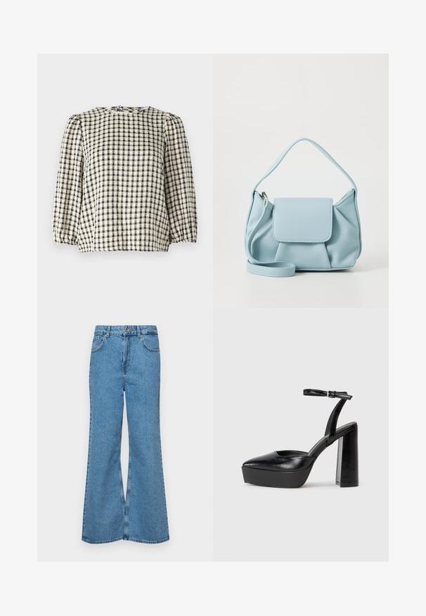 Čierna a béžová károvaná blúzka s okrúhlym výstrihom, naberanými dlhými rukávmi a detailom na naťahovanom leme. Ušitá z ľahkej tkaniny.; Svetlomodré rozšírené džínsy vyrobené z denimu, s vysokým pásom, piatimi vreckami a jednopoložkovým zapínaním na gombík. Mäkká textúra s vyblednutým povrchom.; Čierne platformové podpätky so špicatou špičkou a nastaviteľným členkovým remienkom. Vyrobené z hladkej kože a so robustným blokovým podpätkom.; Svetlomodrá kožená kabelka s hornou rukoväťou, prednou klopou a odnímateľným zápästným popruhom na bielom pozadí.