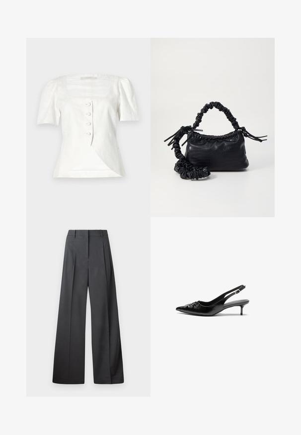 White linen blouse with short puff sleeves, square neckline, and five front buttons. Features a diagonally draped front panel.; Wide-leg trousers in dark gray fabric, featuring a high waist, single pleats, and a smooth texture with a clean finish at the hems.; Black leather slingback heels with a pointed toe, small kitten heel, and a decorative knot detail on the front. Smooth texture throughout.; Black faux leather handbag with a crocodile texture, cinched top, and a scrunched strap. Appears soft and compact in design.