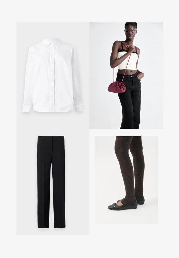 Camicia bianca a maniche lunghe con bottoni, realizzata in cotone, con collo a punta e vestibilità dritta, caratterizzata da una texture liscia.; Pantaloni neri su misura con taglio dritto, caratterizzati da una texture liscia e senza motivi visibili. Vita standard e finitura pulita.; Scarpe nere a flat con un piccolo fiocco sulla punta, abbinate a collant a coste marrone scuro. Le scarpe hanno una texture liscia e un profilo basso.; Borsa a tracolla in morbido tessuto bordeaux con design arricciato e una lunga tracolla, indossata a tracolla. Il modello indossa un top corto bianco e jeans neri.
