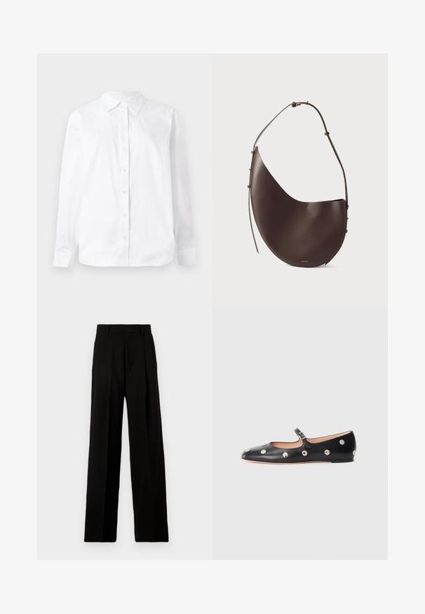 Balta garām piedurknēm nēšama krekls, kas izgatavots no kokvilnas, ar norādītu apkakli un taisnu piegriezumu ar gludu tekstūru.; Melnas platajās bikses, izgatavotas no gluda auduma, ar augstu jostu, priekšējām krokām un tīru, šūtu dizainu bez rotājumiem.; Melna ādas Mary Jane līdzena zābaku ar noapaļotu purngalu, kurā ir sudraba apaļie kniedes un regulējama siksniņa ar sprādzi.; Brūnas ādas rokas soma ar izliekumu, vienu siksnu un minimālistisku dizainu. Iezīmēta ar nemanāmu logo un zelta apdari.