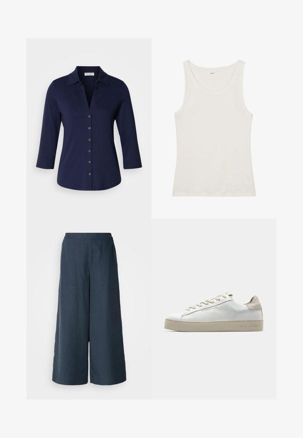 Tummansininen kolmivartinen paita, joka on valmistettu pehmeästä kankaasta ja jossa on kauluspääntie sekä kuusi nappia edessä.; Valkoinen puuvillainen hihaton paita, jossa on leveä pääntie ja ohuet olkaimet. Sileä pinta ilman näkyviä kuvioita tai koristeita.; Navy blue leveleggsbukser laget av lett materiale. Har en litt strukturert overflate, elastisk midjebånd og foran sømmer.; Valkoinen nahkakenkä, jossa on sileä pinta, beige mokkanahkavivahteita, pyöreä kärki, litteä nauhattava malli ja teksturoitu kumipohja.