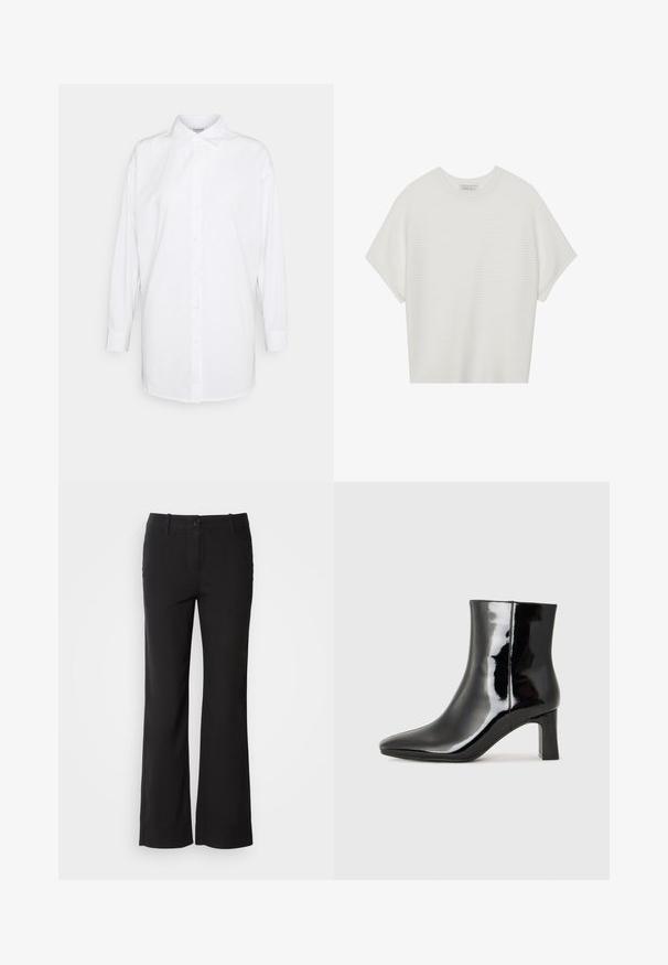 Biela košeľa s dlhými rukávmi, klasickým golierom a rovný strih. Vyrobená z hladkej, ľahkej tkaniny. Bez vzorov alebo akcentov.; Biela tričko s krátkym rukávom a širokým okrúhlym výstrihom, s textúrovaným rebrovaným vzorom, vyrobené z mäkkej látky, s uvoľneným strihom a čistým dizajnom.; Čierne nohavice z bavlneného zmesového materiálu s rovnými nohavicami, predným zapínaním na gombík a dvoma bočnými vreckami. Hladká textúra, žiadne viditeľné vzory.; Čierne lakované členkové topánky s špicatou špičkou a stredne vysokým blokovým podpätkom. Hladká textúra a minimalistický dizajn.