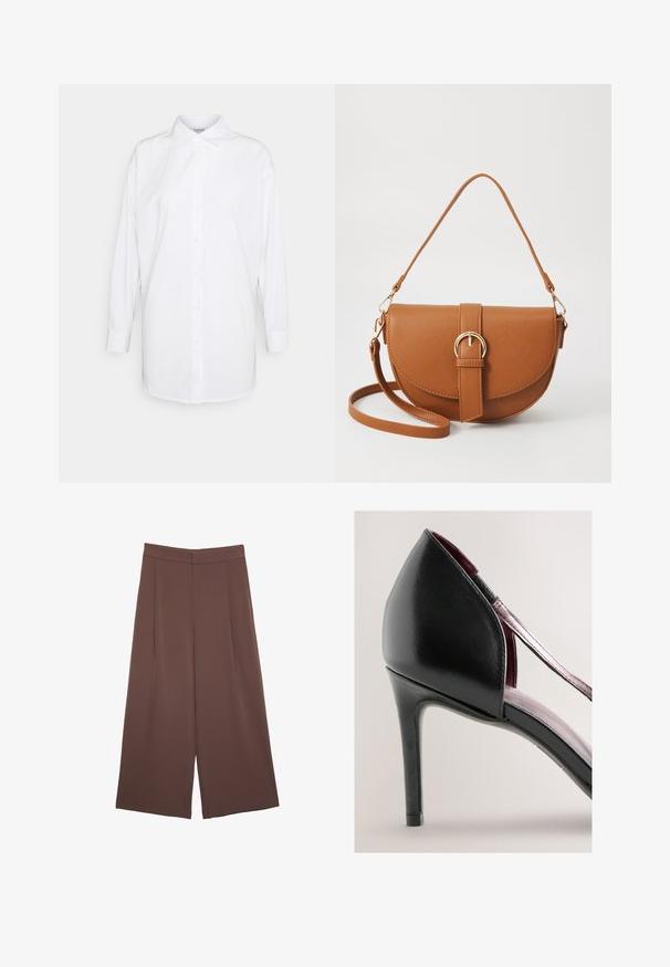 Camicia bianca button-up con maniche lunghe, colletto classico e taglio dritto. Realizzata in tessuto leggero e morbido. Senza fantasie o accessori.; Pantaloni ampi marroni con una texture liscia, caratterizzati da una vita alta e pieghe frontali. Il tessuto è leggero e scorre liberamente.; Sandalo nero con tacco alto, finitura lucida, retro aperto e sottile cinturino rosa. Presenta una silhouette elegante e un tacco a spillo stretto.; Borsa a tracolla in pelle marrone con forma curvata, hardware dorato e un dettaglio con fibbia. Presenta una tracolla rimovibile.