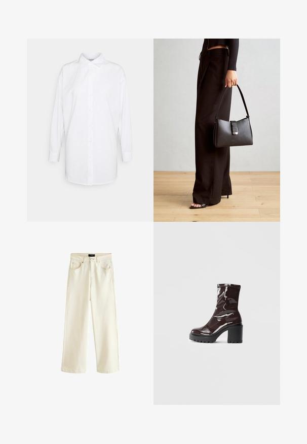 Weißes Hemd mit langen Ärmeln, klassischem Kragen und geradem Schnitt. Hergestellt aus glattem, leichtem Stoff. Keine Muster oder Akzente.; Helle beigen Jeans mit weitem Bein, ausgestattet mit einem Knopfverschluss, fünf Taschen und einer glatten Textur. Einfaches und modernes Design.; Glatte bordeauxrote Ankle Boots mit einem klobigen schwarzen Absatz, die eine glatte Oberfläche und ein einfaches Design aufweisen. Keine sichtbaren Verschlüsse oder Muster.; Schwarze Handtasche mit strukturierter Form, glatter Textur und einem metallischen Verschluss. Kombiniert mit weiten schwarzen Hosen und offenen Sandalen auf einem Holzboden.