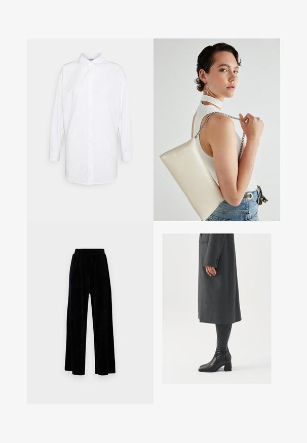 Chemise blanche à manches longues, col classique et coupe droite. Fabriquée en tissu léger et lisse. Sans motifs ni accents.; Pantalons larges noirs en velours doux, dotés d'une taille élastique et d'une texture lisse, sans détails ni motifs visibles.; Manteau gris taillé à coupe droite ; associé à des bottes en cuir noir jusqu'au genou avec un bout carré et un talon épais.; Pochette rectangulaire blanche en matériau brillant, avec une bandoulière en chaîne argentée. Le modèle pose en mettant en valeur le sac contre un fond uni.