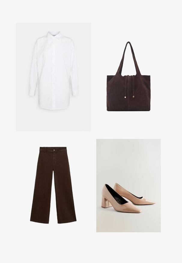 Bijela košulja s dugim rukavima, klasičnim ovratnikom i ravnim krojem. Izrađena od glatkog, laganog materijala. Bez uzoraka ili akcenta.; Smeđe široke hlače od pamuka, s raspucanim rubom, prednjim kopčanjem na dugme i klasičnim dizajnom s pet džepova. Minimalističke i svestrane.; Golišave lakirane pumpe s blok-štiklom, s oštrim vrhom i sjajnim finišem. Značajke uključuju glatku teksturu i srednje visoku, kvadratnu štiklu.; Mango Velika torba - dark brown